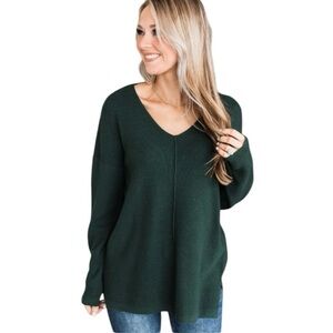 Pink Clover Women’s SMALL Forest Green V Neck Tunic Sweater Soft Stretchy